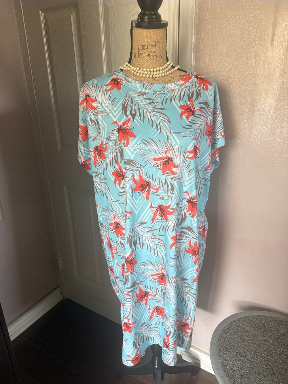 Tropical Light Blue Midi Dress with Red Floral Print